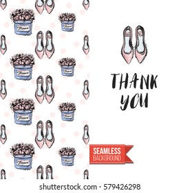 Fashionable greeting card for vogue girls, women illustrated in watercolor style. Seamless pattern background with fashion accessories. Inscription: thank you. Vector template.