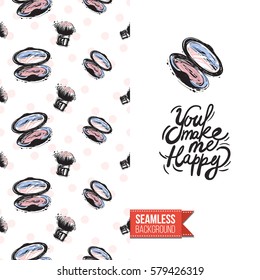 Fashionable greeting card for vogue girls, women illustrated in watercolor style. Seamless pattern background with fashion accessories. Inscription: you make me happy. Vector template.