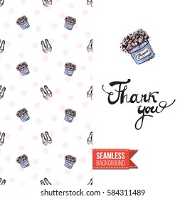 Fashionable greeting card for vogue girls, women illustrated in watercolor style. Seamless pattern background with fashion accessories. Inscription: thank you. Vector template.