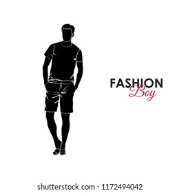 Fashionable guy. Fashion. Silhouette of a guy. The guy in bermudas and a T-shirt