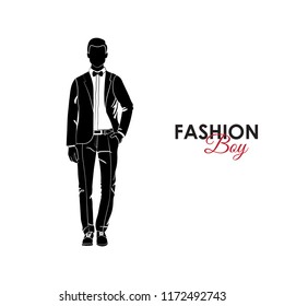 Fashionable guy. Fashion. Silhouette of a guy. The guy in a classic suit and bow tie
