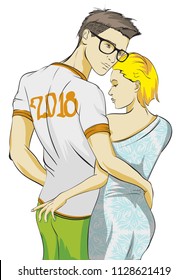 Fashionable guy and girl in the arms. Love and fashion illustration