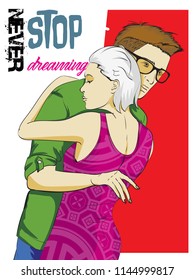 Fashionable guy and girl in the arms. Love and fashion illustration