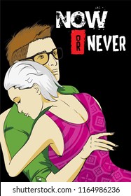 Fashionable guy and girl in the arms. Love and fashion. Now or never