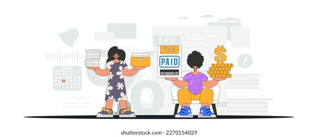 Fashionable guy and girl demonstrate paying taxes. An illustration demonstrating the correct payment of taxes.