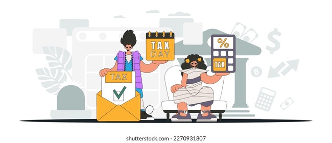 Fashionable guy and girl demonstrate paying taxes. An illustration demonstrating the importance of paying taxes for economic development.