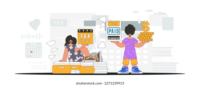 Fashionable guy and girl demonstrate paying taxes. Graphic illustration on the theme of tax payments.