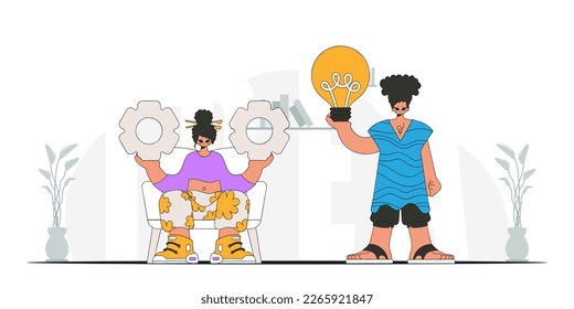A fashionable guy and girl solves problems and generates ideas. Light bulb and gears in their hands. Illustration on the theme of the appearance of an idea.