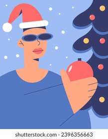 Fashionable guy with glasses decorates the New Year tree. Preparing xmas gifts. Modern Christmas. People at a New Year's party. Flat vector illustration.