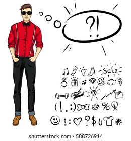 Fashionable guy. He is dressed in jeans and a shirt. You can use the symbols next to him.