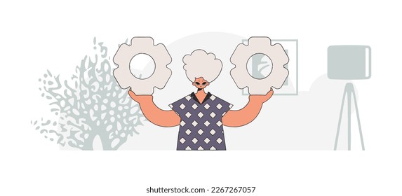 Fashionable guy holding gears. Illustration on the theme of the appearance of an idea.