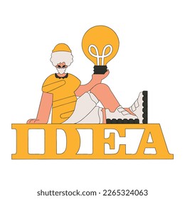 Fashionable guy holding a light bulb. Idea theme.