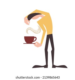 A fashionable guy holds a cup of coffee and conjures over it. Barista modern illustration for logos, banners, posters. trendy people design