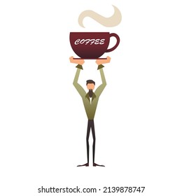 A fashionable guy holds a cup of coffee and conjures over it. Barista modern illustration for logos, banners, posters. trendy people design