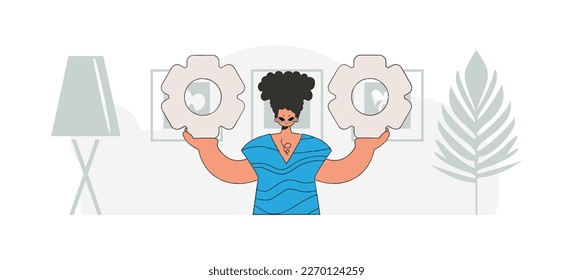 A fashionable guy holds gears in his hands. Illustration on the theme of the appearance of an idea.