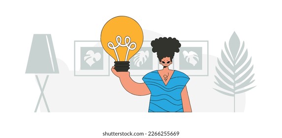 A fashionable guy holds a light bulb in his hands. Illustration on the theme of the appearance of an idea.
