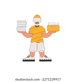 A fashionable guy holds stacks of documents in his hands.