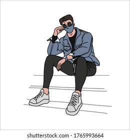 fashionable guy sitting on a step in a mask