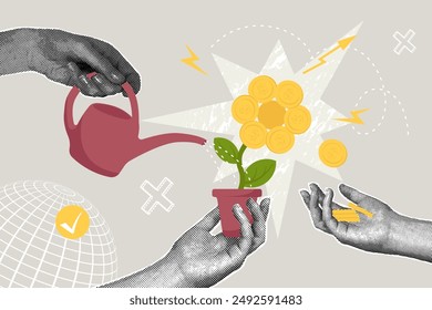 Modisches Halbton Collage Geschäftskonzept. Konzept der Hände mit Investition. Das Bild zeigt Hände, die Investitionen für die Geschäftsentwicklung anziehen.Modern Retro Illustration.