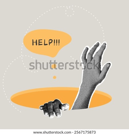 Fashionable halftone collage. Concept of asking for help, success, life stability, overcoming adversity. A hand asking for help, how to solve a problem. A trendy retro collage from the 90s. Vector