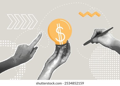 Fashionable halftone collage. Concept business funding, business idea presentation to increase income, discussion concept, business solution. Hand with light bulb presenting business funding idea. 