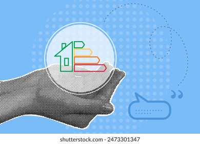 Collage de semitonos de moda. Concepto de eficiencia energética.Conservación de la eficiencia energética.Auditoria domiciliaria. Ilustración vectorial