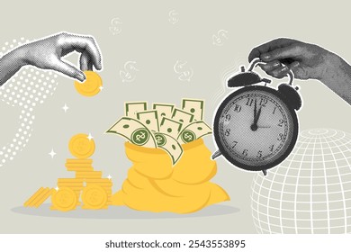 Fashionable halftone collage. The concept of financial gain, time management, wealth management, increasing profits, time is money. Proper time management for financial growth . Illustration for