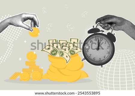 Fashionable halftone collage. The concept of financial gain, time management, wealth management, increasing profits, time is money. Proper time management for financial growth . Illustration for