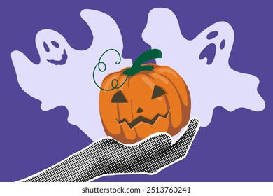 Fashionable halftone collage. The concept of the holiday Halloween. Hands holding spooky pumpkin, ghosts.Modern design banner, poster for holiday party, promotional materials. Vector illustration