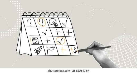 Fashionable halftone collage. Concept of notes-reminders in personal organizer,schedule planning, time management, and work organization. Hand in flip calendar making marks. Fashionable retro collage