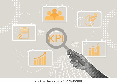 Modische Halbtoncollage. Konzept der Leistungsverbesserung, KPI, Bewertungsskala, Verbesserung der Meisterschaft, Entscheidungsfindung, Verbesserung, Teamarbeit. Handdruck auf der Bewertungsskala. Abbildung für