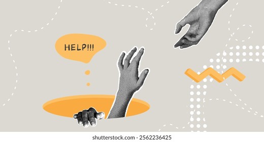 Fashionable halftone collage. The concept of success, life stability, a request for help, a helping hand that helps to overcome adversity. The hand pulls out of the pit of failures. A trendy retro