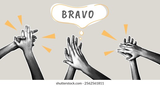 Fashionable halftone collage. The concept of success, congratulations on victory, successful work,applause. Bravo. Fashionable retro collage from the 90s. Vector illustration