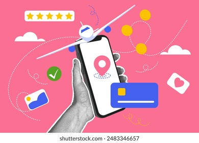 Fashionable halftone collage. Concept of vacation, travel,online ticket purchase. Trendy modern retro illustration in bright trendy colors. Strategic planning concept.