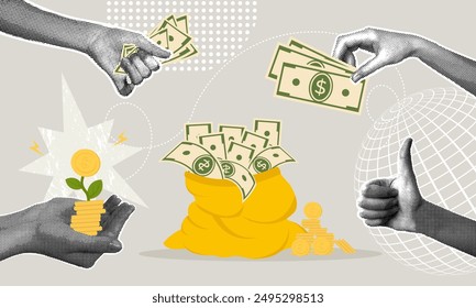 Fashionable halftone collage. Concept of wealth, saving, saving and saving money. Money bag with dollar stacks and stacks of coins. Vector illustration of business and finance for web banner, social