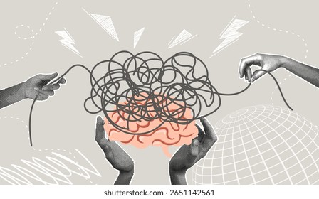Colagem de meio-tom na moda. Ilustração conceitual de um cérebro emaranhado em fios, sobrecarga. Conceito de estresse, insegurança, indecisão, pensamento excessivo, emoções negativas.