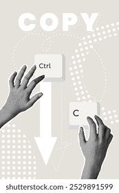 Colagem de meio-tom na moda. CTRL C. Faça uma cópia, cópia. Teclado, computador, atalho de teclado, atalho de teclado, laptop, dispositivo de entrada, teclas de atalho.