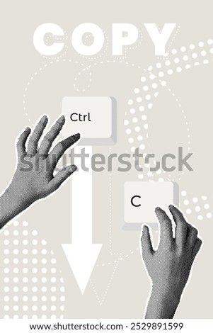 Fashionable halftone collage. CTRL C. Make a copy, copy. Keyboard, computer, keyboard shortcut, keyboard shortcut, laptop, input device, hotkeys.