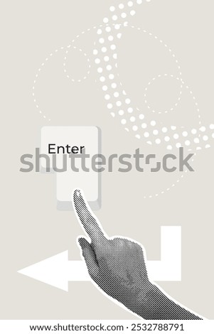 Fashionable halftone collage. Enter key combination. Entering, confirming, sending a message. Keyboard, computer, keyboard shortcut, laptop, input device, hotkeys.