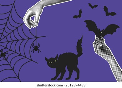 Colagem de meio-tom na moda. Conceito de feriado de Halloween. Gestos de mão, gato preto assustador, morcegos e aranha assustador na web.Banner design moderno, cartaz para festa de férias, materiais promocionais. 