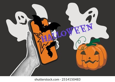 Fashionable halftone collage. Halloween holiday concept. Hand holding a phone, flying over Halloween, bats and spooky pumpkin. Modern banner design, holiday party poster, promotional materials.Vector