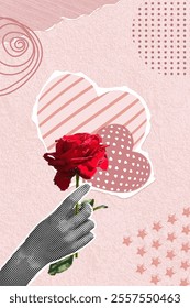 Fashionable halftone collage. Hand holding a rose on background of paper cut out hearts. Trendy retro collage from the 90s. Vector illustration