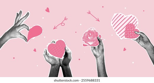 Fashionable halftone collage. Hands holding a rose, heart cut out of paper . Trendy retro collage from the 90s. Vector illustration