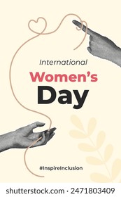 Fashionable halftone collage. International Women's Day. Human hands with intertwined ribbon forming a heart.Design for poster, social media posts. Vector illustration