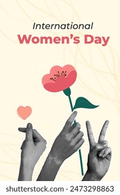 Fashionable halftone collage. International Women's Day. Human hands with heart, flower. Design for posters, social media posts.