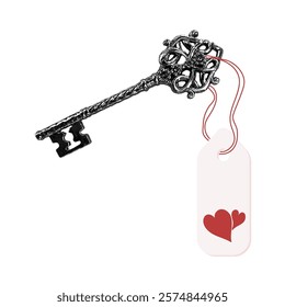 Fashionable halftone collage. Key with heart label. Beautiful halftone carved vintage key with a heart. Fashionable retro collage from the 90's. Vector illustration