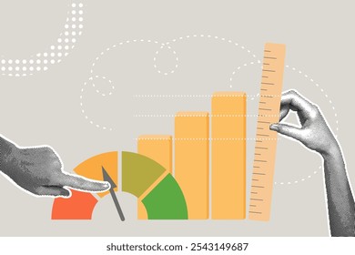 Colagem de meio-tom na moda. Conceito de aprimoramento de desempenho, escalas de classificação, aprimoramento de habilidades, informações sobre tomada de decisão, obter melhores testemunhos de clientes excelentes. Mão empurrando uma avaliação de domínio