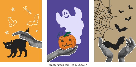 Modische Halbtoncollage. Poster-Set. Halloween-Urlaubskonzept. Hand, die einen Kürbis hält, eine Katze streichelt, Fledermäuse und Spinnennetz mit gruseligen Spinnen. Modernes Design-Banner, Feiertagsparty-Poster