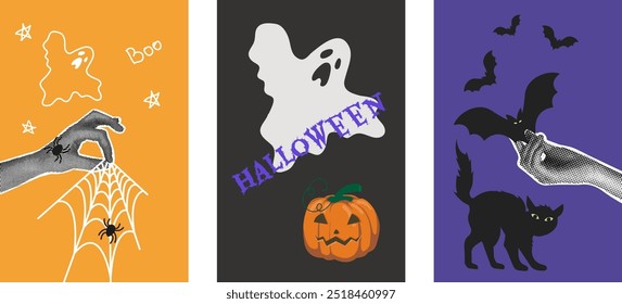 Fashionable halftone collage. Poster set. Halloween holiday concept. Hand holding spider web,bat,cat,pumpkin and ghost. Modern design banner, holiday party poster, promotional materials. Vector