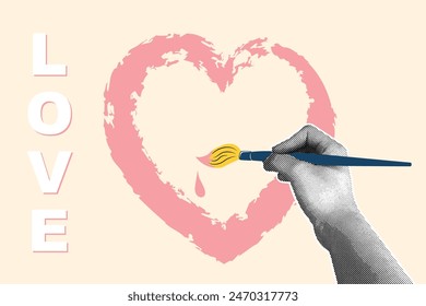 Fashionable halftone collage. Relationship concept. Hand with a brush draws a heart with paint. Template for cards, invitations, social networks. Vector illustration